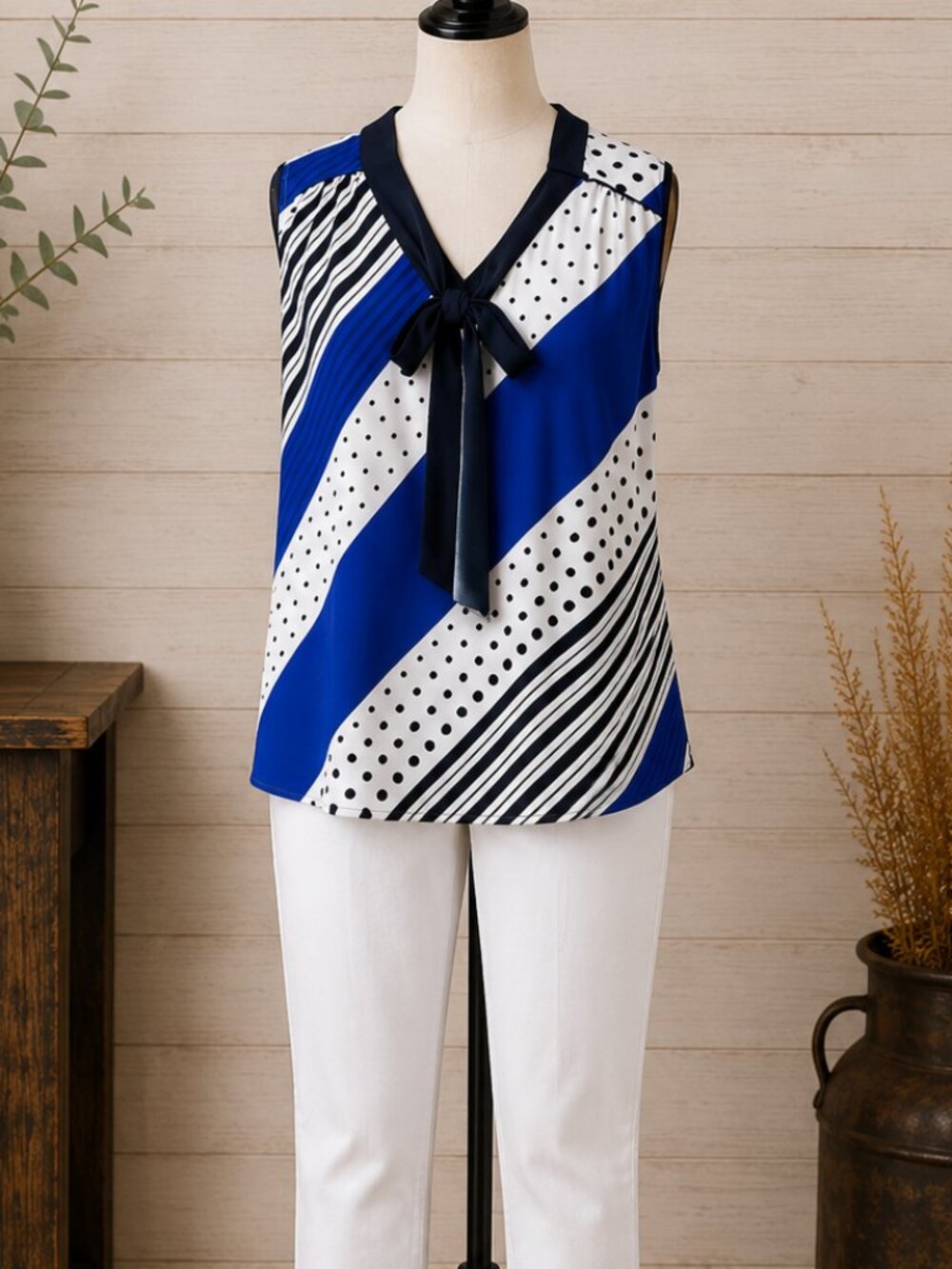 NY & Co Blue, White & Black Print Blouse | Size M